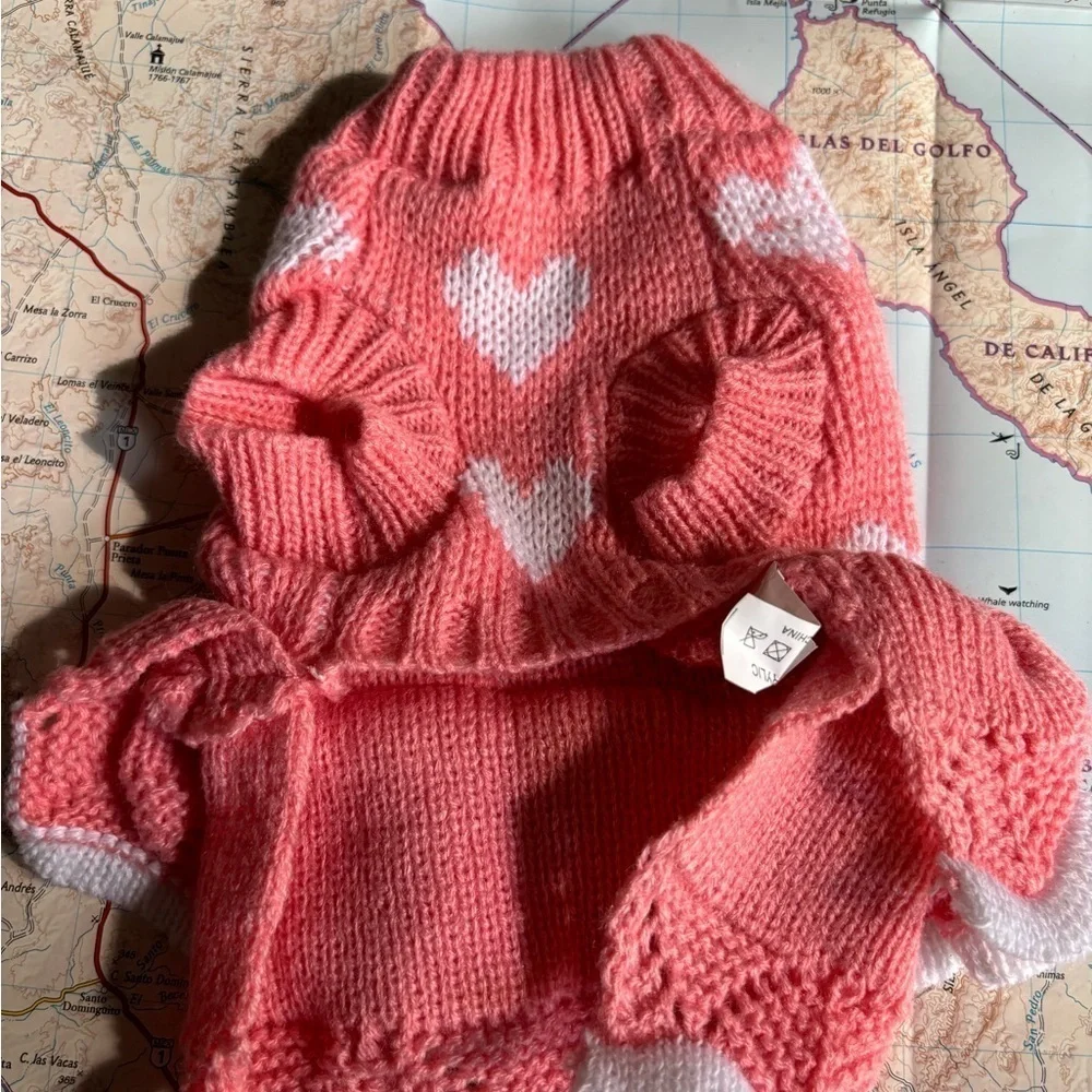 Heart  valentine Print Dog Sweater Double-Layer Trim Dress Warm Soft Winter Dog